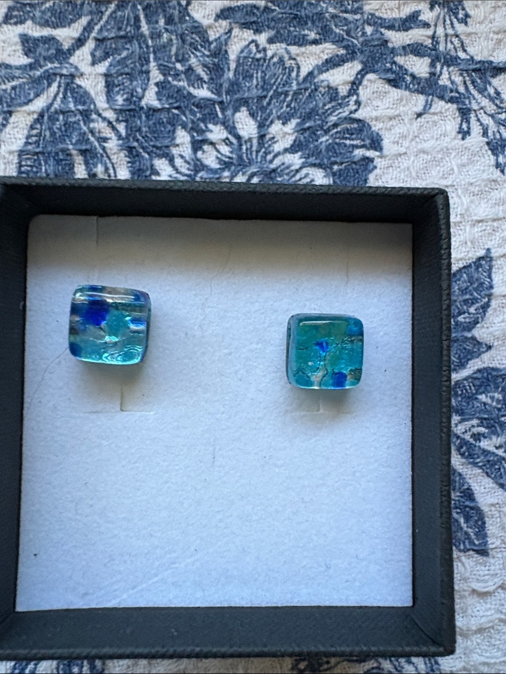Murano Blue Green Glass Stud Earrings